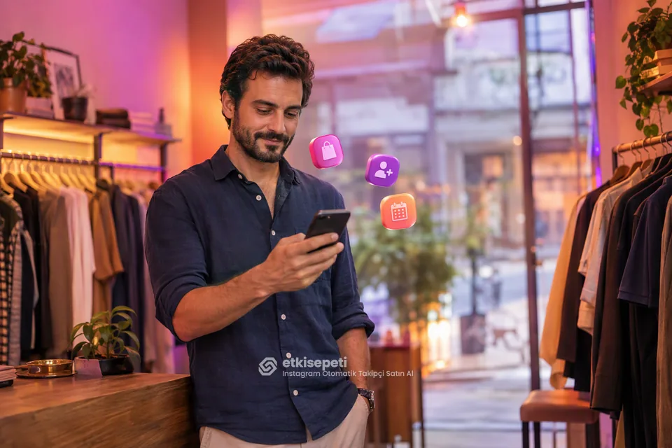 Küçük butik sahibinin tezgâhta telefonundan Instagram işletme hesabını kontrol etmesi