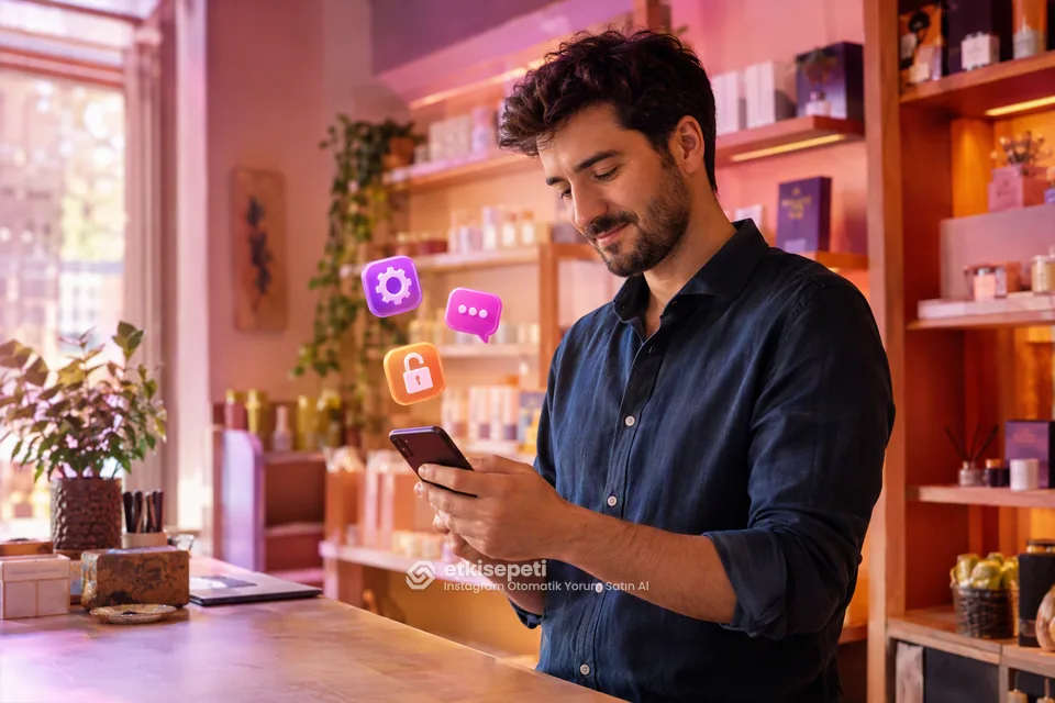 Telefonda Instagram gönderisinin yorum ayarlarını kontrol eden genç erkek