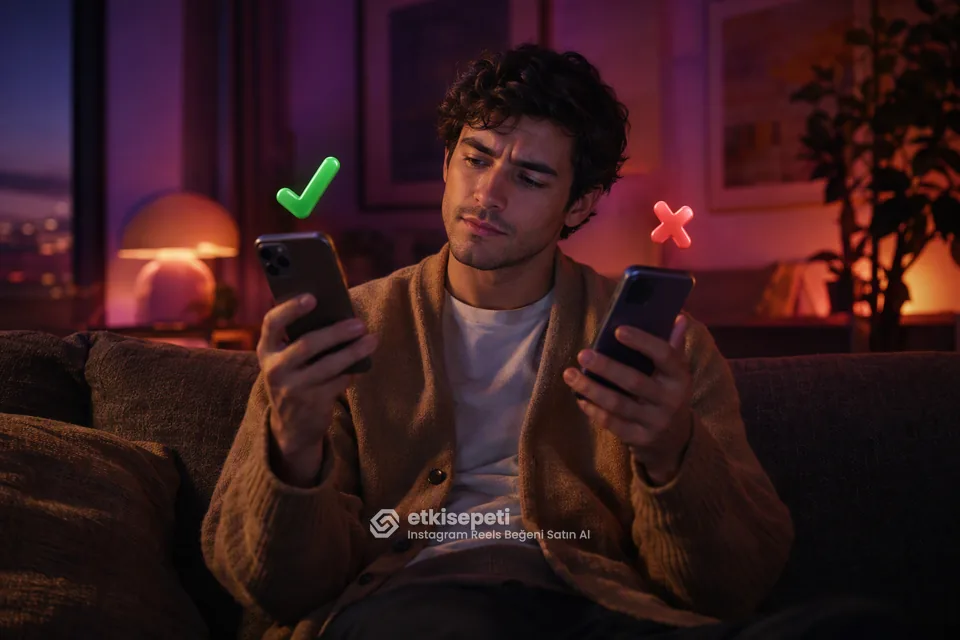 İki seçeneği karşılaştırarak Instagram Reels Beğeni için site seçen bir kullanıcı