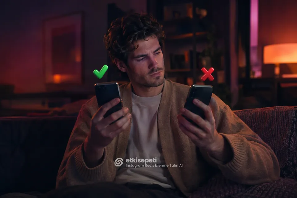İki seçeneği karşılaştırarak Instagram Reels İzlenme için site seçen bir kullanıcı