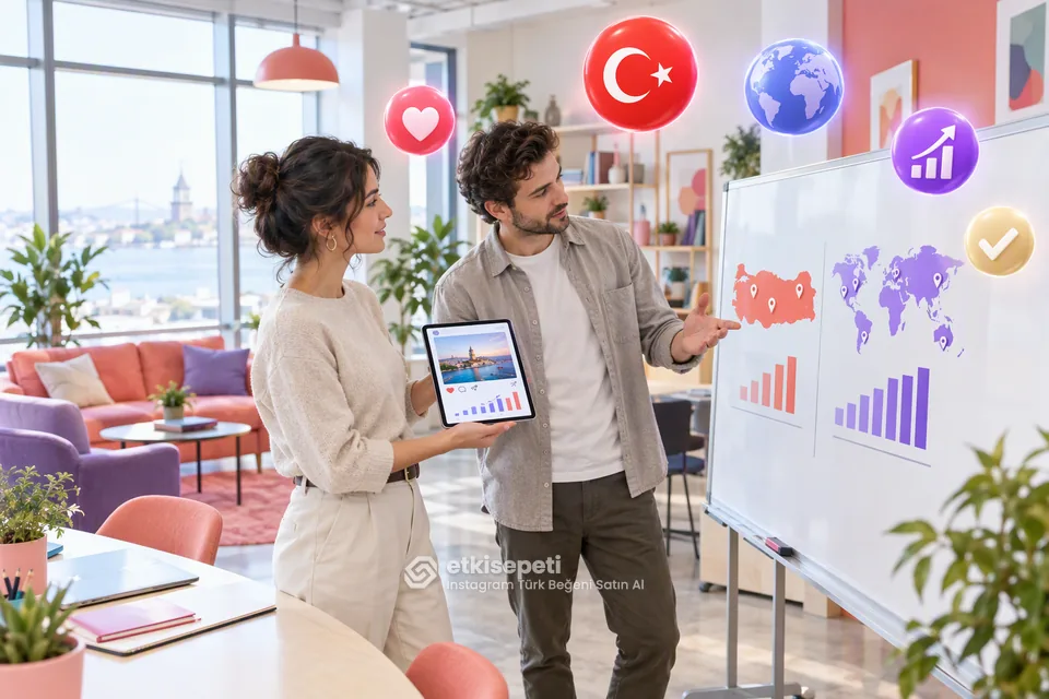 Instagram Türk Beğeni ile global beğeni farkını anlatan, iki kaynaklı beğeni akışı sahnesi