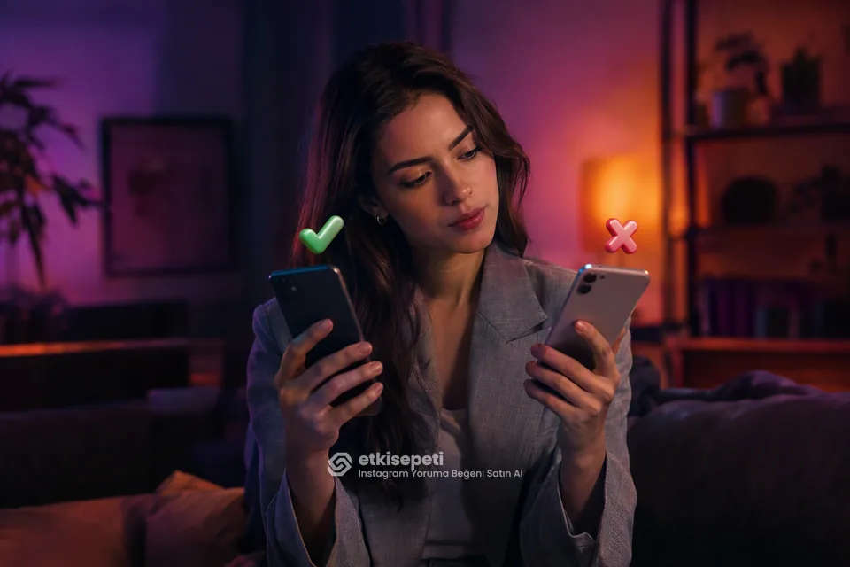 İki seçeneği karşılaştırarak Instagram Yoruma Beğeni için site seçen bir kullanıcı