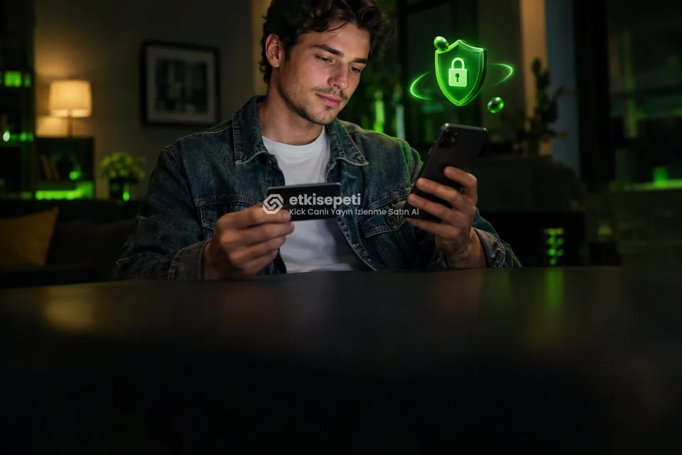 Kart ve telefonla güvenli ödeme yapan bir kullanıcı