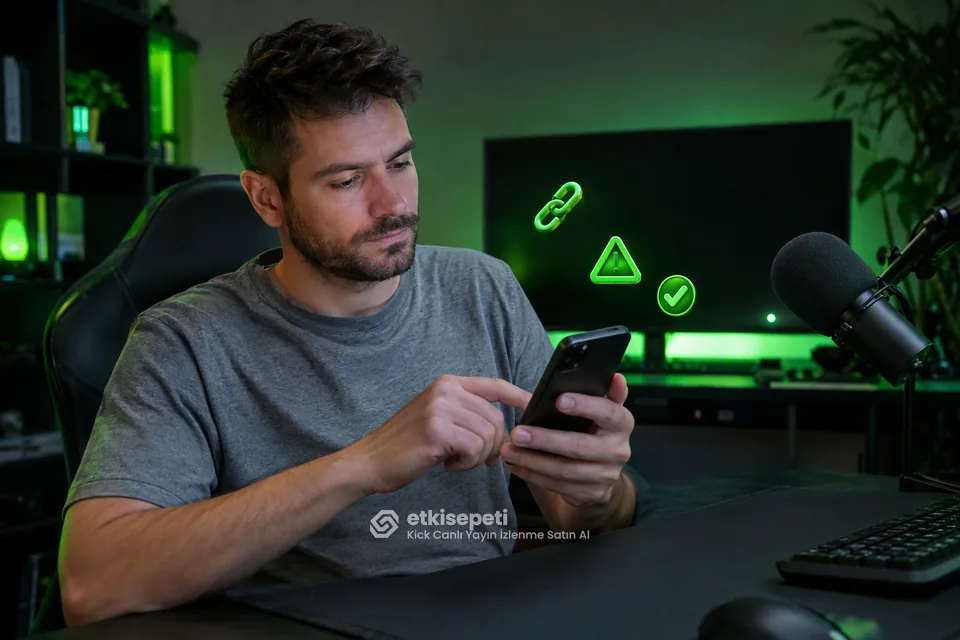 Kick canlı yayın izlenme satın al siparişinden önce telefonunda kanal bağlantısını kontrol eden bir yayıncı