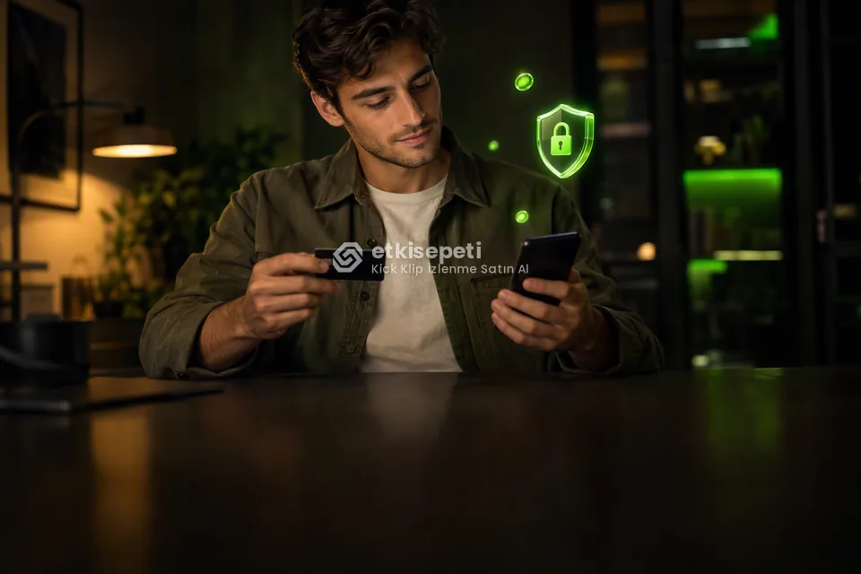 Kart ve telefonla güvenli ödeme yapan bir kullanıcı