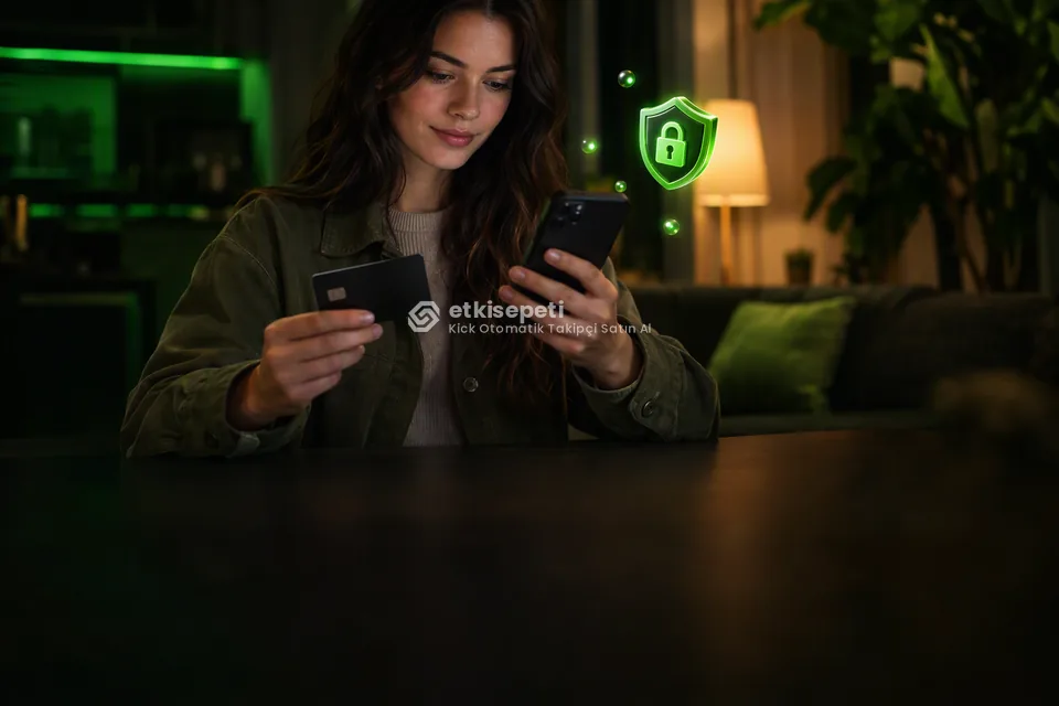 Kart ve telefonla güvenli ödeme yapan bir kullanıcı