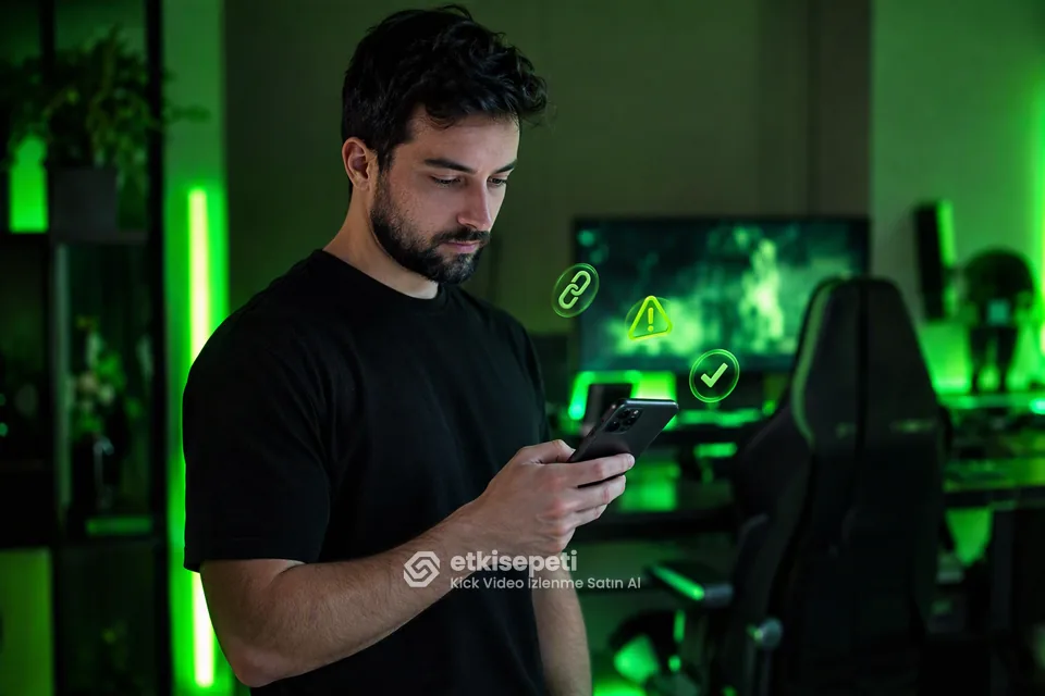 Kick video izlenme satın al siparişinden önce telefonunda klip bağlantısını kontrol eden bir yayıncı