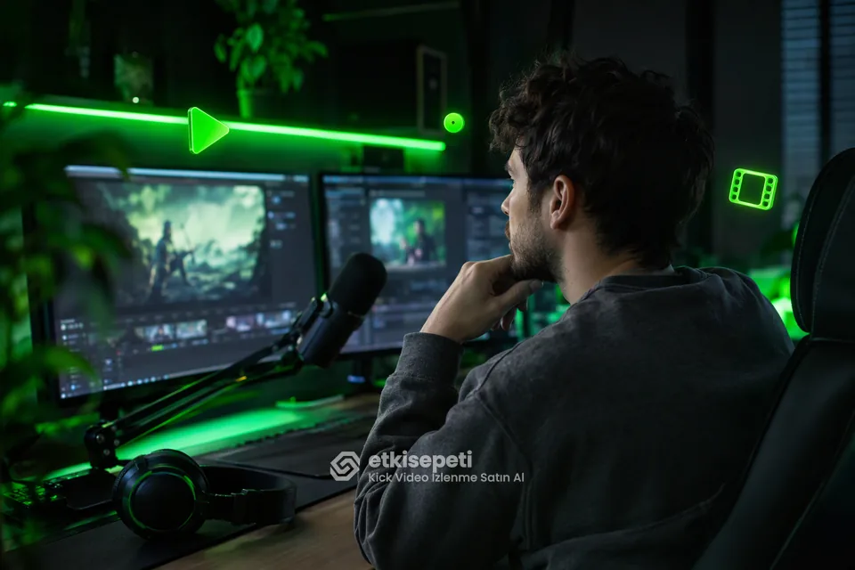 Kick video izlenme satın al öncesi yayın kaydı sayfası ile canlı yayın ekranını iki monitörde karşılaştıran bir yayıncı