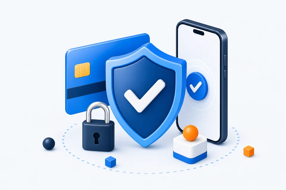 Kart ödemesinin kalkan ve 3D Secure doğrulamasıyla korunduğunu anlatan illüstrasyon