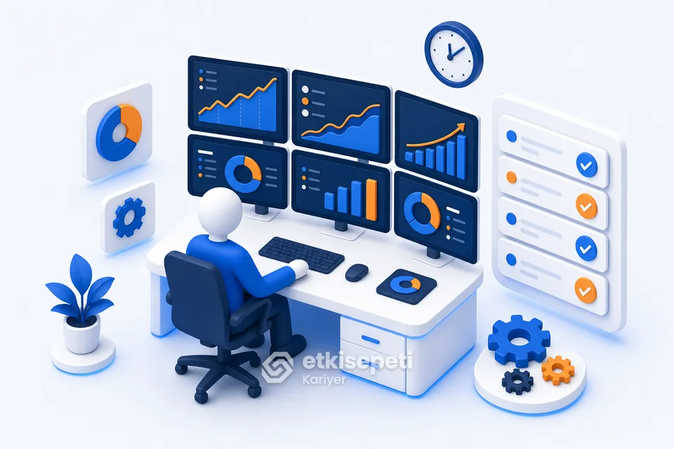 Operasyon ekibinin sipariş ve grafik ekranlarını takip ettiğini anlatan illüstrasyon