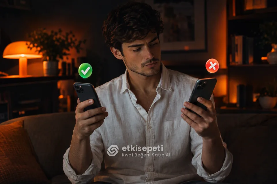 İki seçeneği karşılaştırarak Kwai Beğeni için site seçen bir kullanıcı