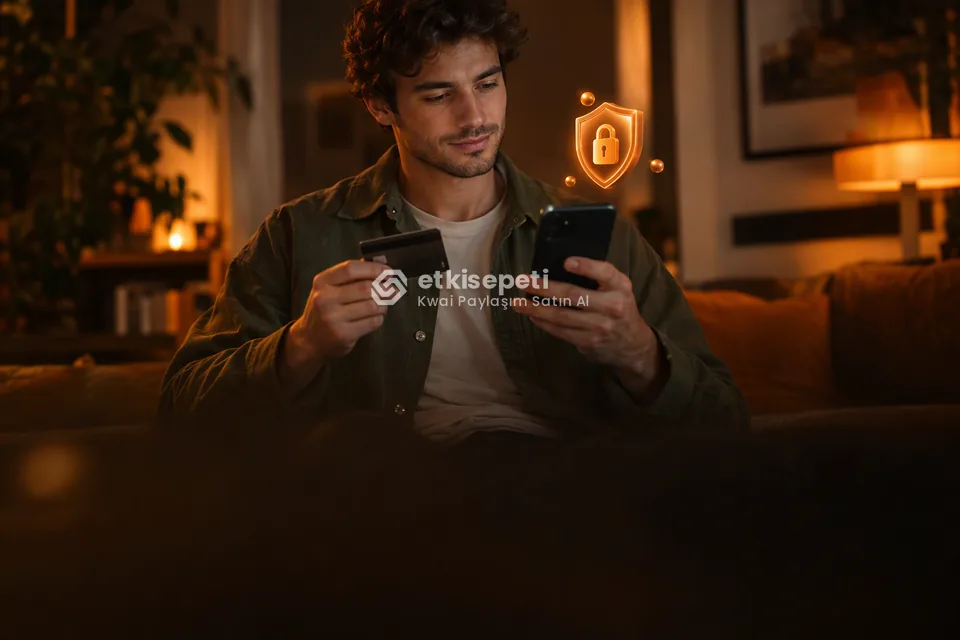 Kart ve telefonla güvenli ödeme yapan bir kullanıcı