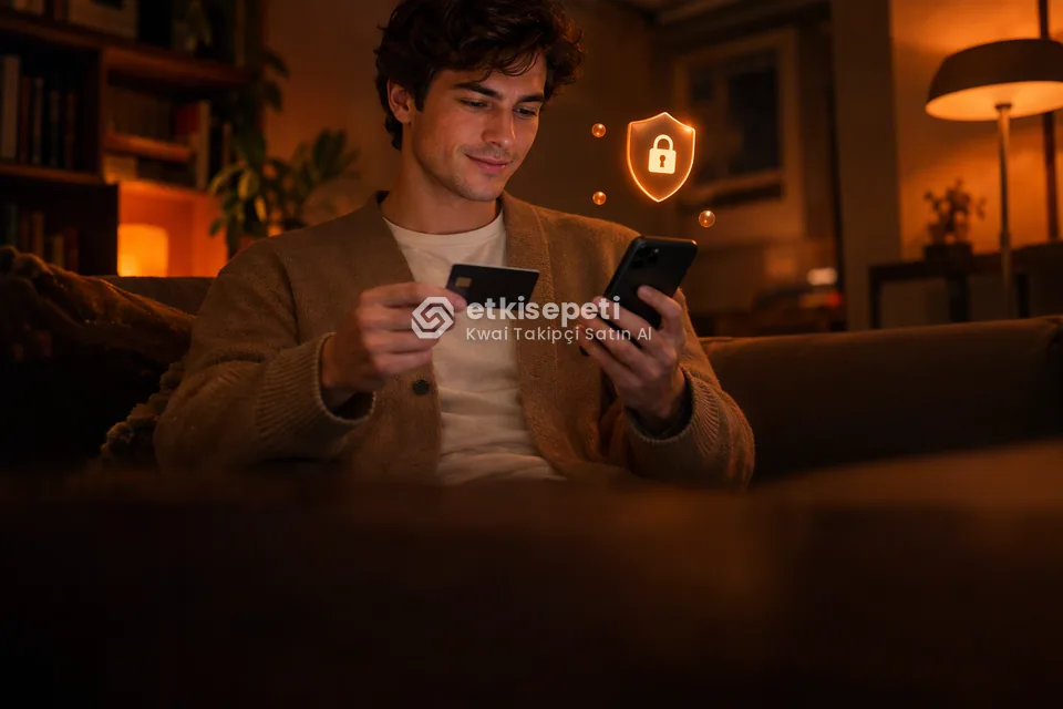 Kart ve telefonla güvenli ödeme yapan bir kullanıcı