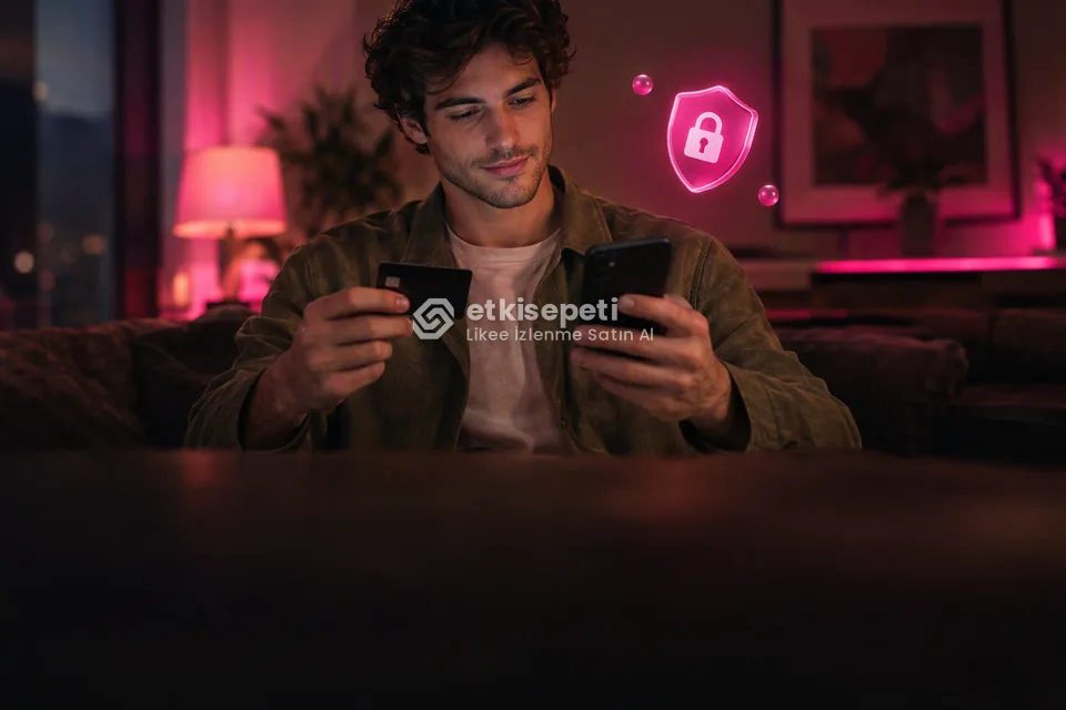Kart ve telefonla güvenli ödeme yapan bir kullanıcı
