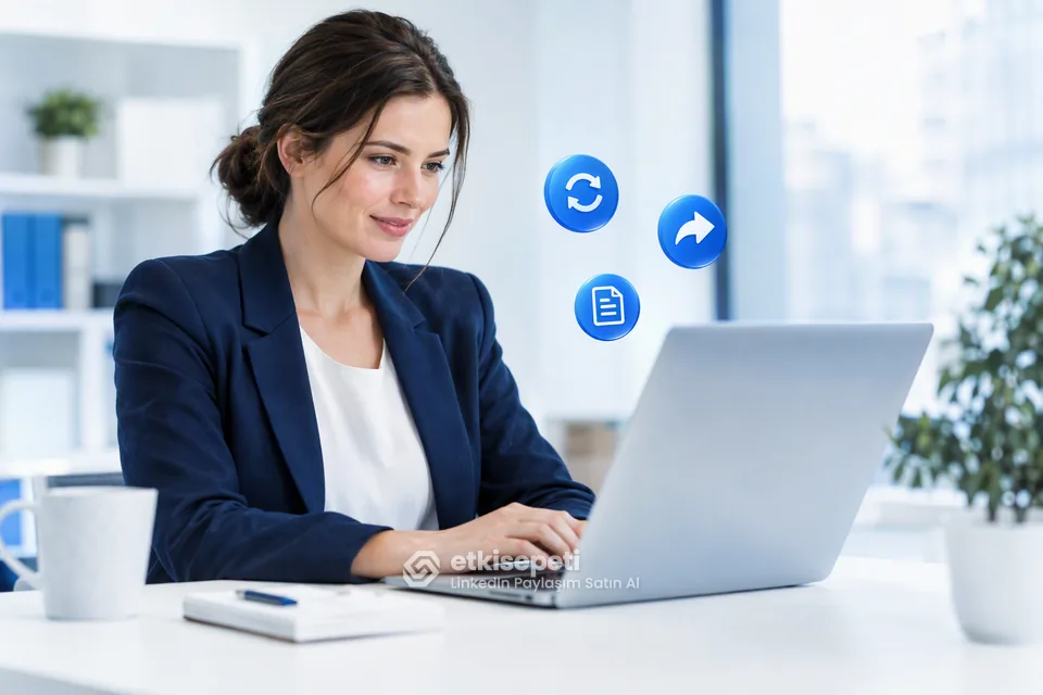 LinkedIn paylaşım satın al: dizüstü bilgisayarda bir gönderiyi yeniden paylaşan profesyonel