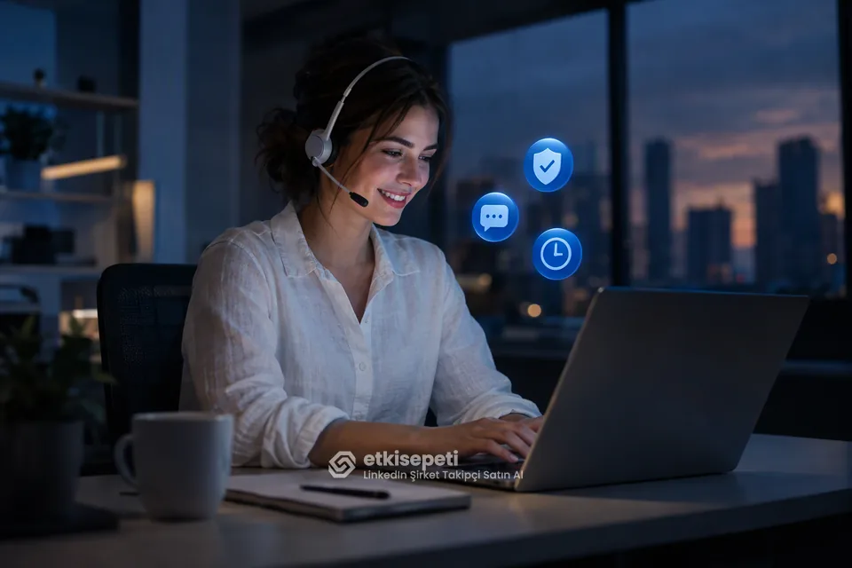 Destek uzmanı LinkedIn Şirket Takipçi siparişlerini panelden takip ediyor