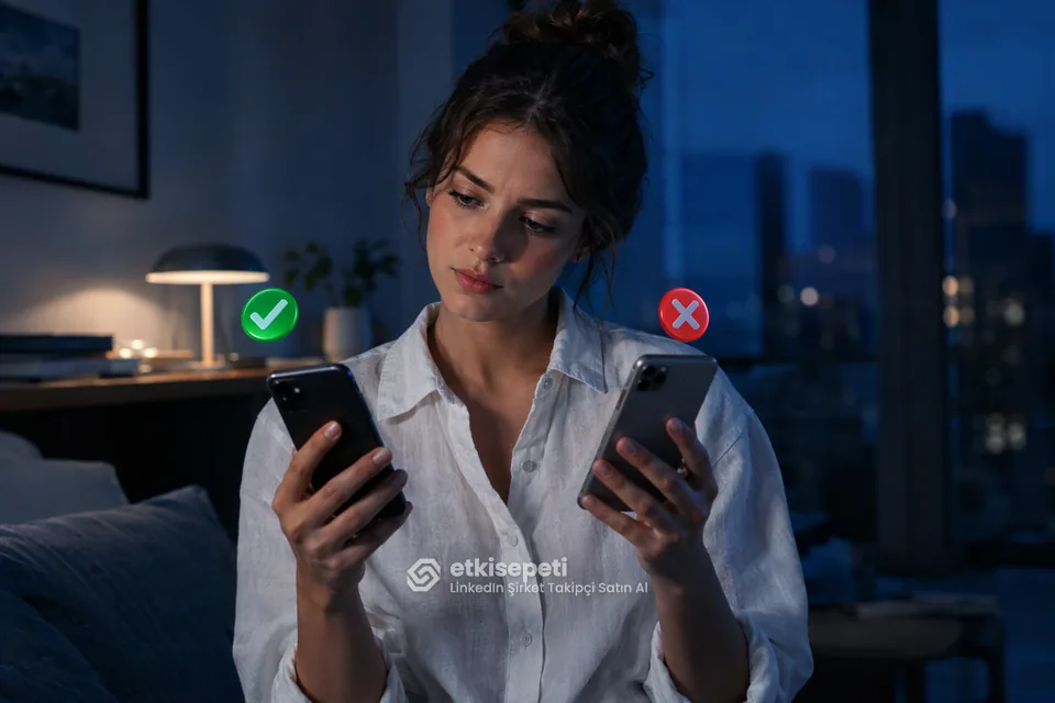 İki seçeneği karşılaştırarak LinkedIn Şirket Takipçi için site seçen bir kullanıcı