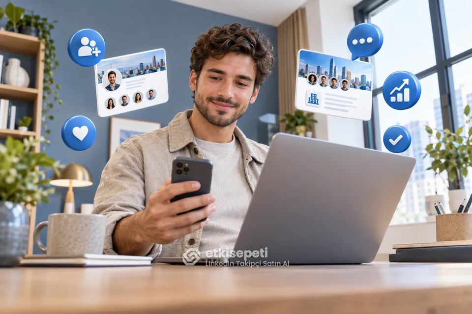 LinkedIn Takipçi Satın Al için takipçi, sosyal kanıt ve içerik dağıtımı sahnesi