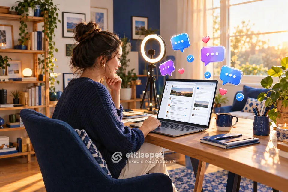 LinkedIn Yorum Satın Al hizmetinin sektörlere göre kullanımını gösteren izometrik sahne