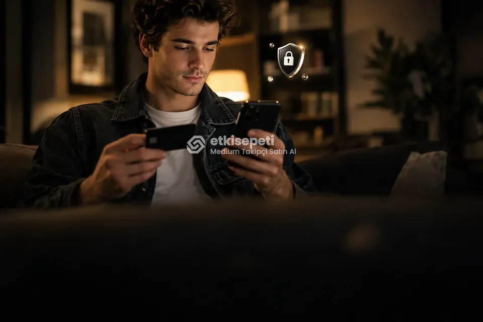 Kart ve telefonla güvenli ödeme yapan bir kullanıcı