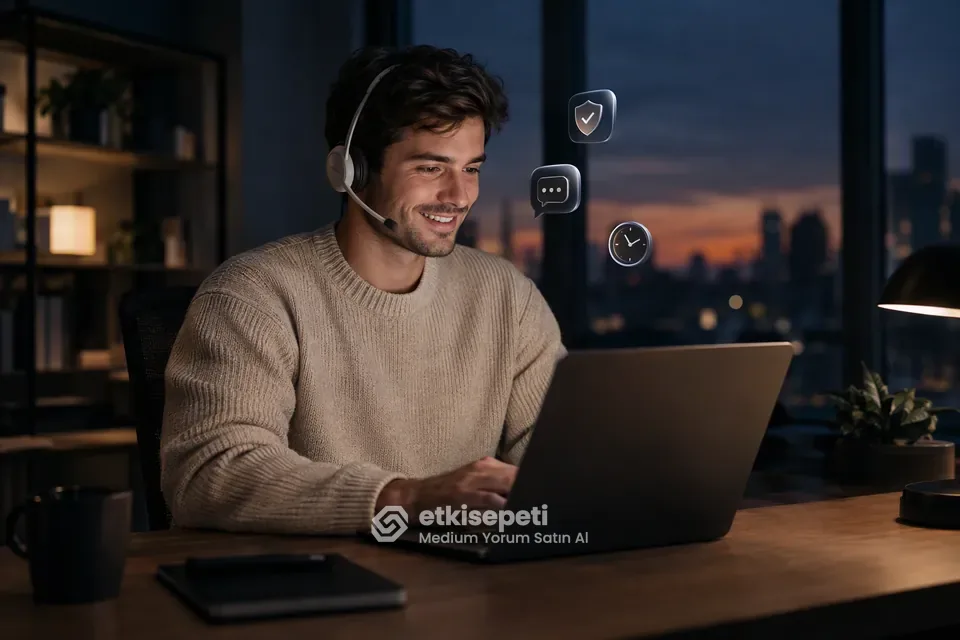 Destek uzmanı Medium Yorum siparişlerini panelden takip ediyor