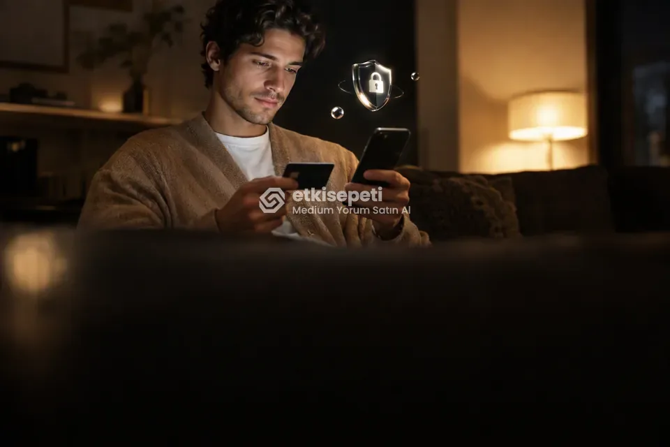 Kart ve telefonla güvenli ödeme yapan bir kullanıcı
