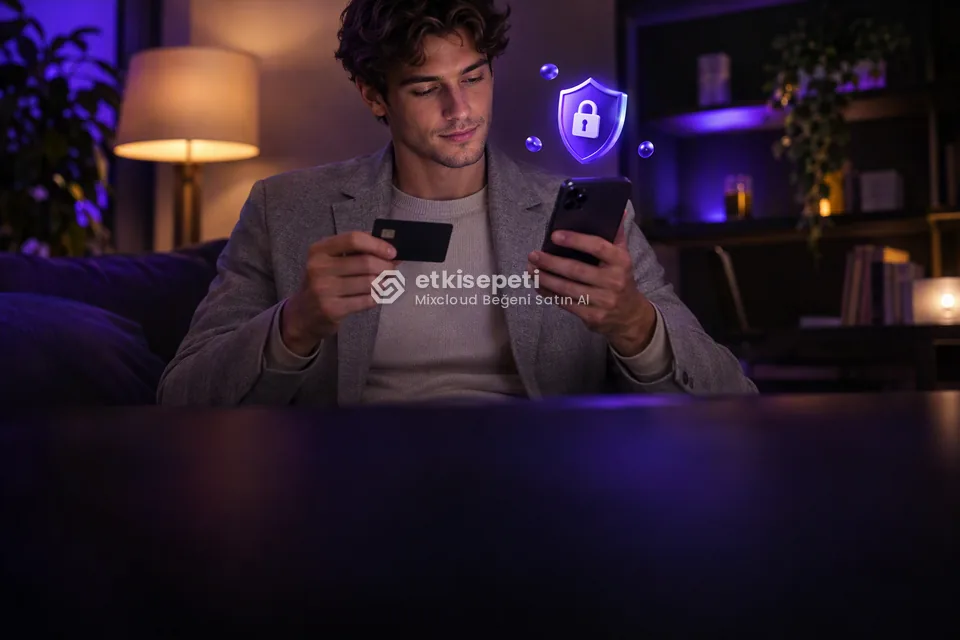 Kart ve telefonla güvenli ödeme yapan bir kullanıcı