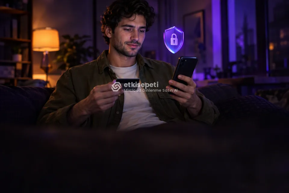 Kart ve telefonla güvenli ödeme yapan bir kullanıcı