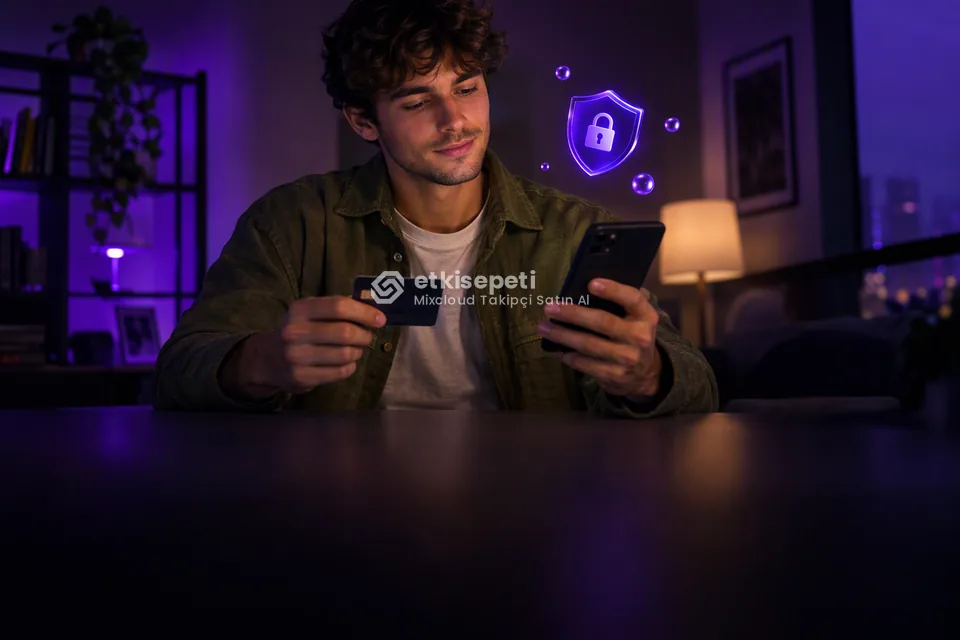 Kart ve telefonla güvenli ödeme yapan bir kullanıcı