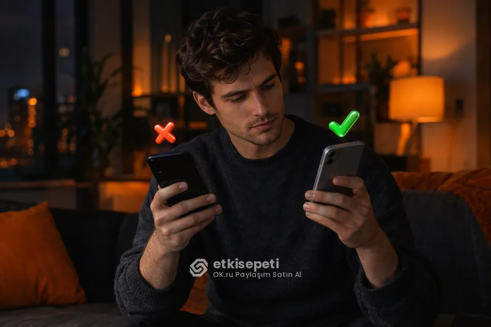 İki seçeneği karşılaştırarak OK.ru Paylaşım için site seçen bir kullanıcı
