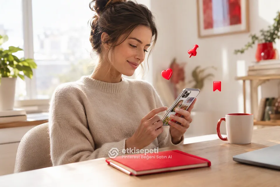 Pinterest beğeni satın al öncesi telefonda bir pinin kalp simgesine dokunan genç kadın