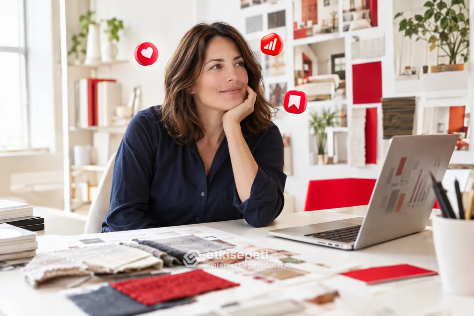 Pinterest beğeni satın al kararı öncesi dizüstünde pin istatistiklerine bakan iç mimar
