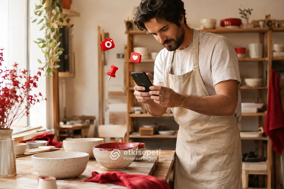 Pinterest beğeni satın al hizmetini ürün pini için kullanan el yapımı seramik satıcısı