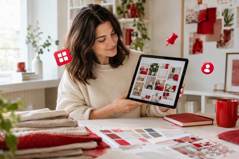 Pinterest pano takipçi satın al öncesi tabletteki pano ekranını inceleyen kadın