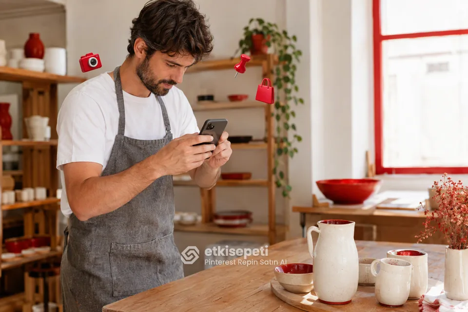 Pinterest repin satın al öncesi ürün fotoğrafını Pin için çeken küçük işletme sahibi