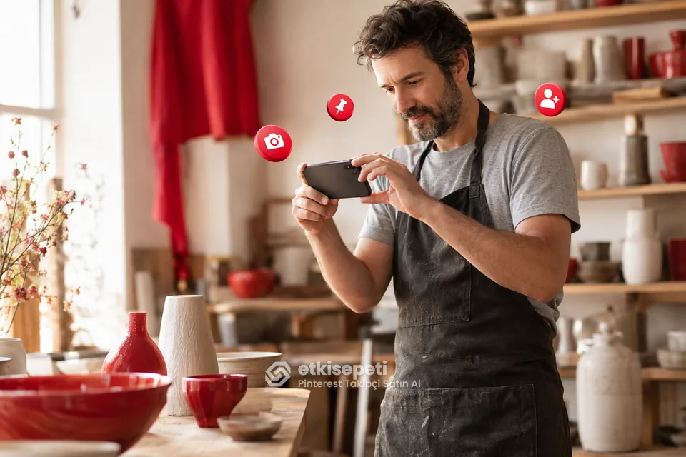 Pinterest takipçi satın al hizmetini kullanan el yapımı seramik satıcısının ürünlerini fotoğraflaması