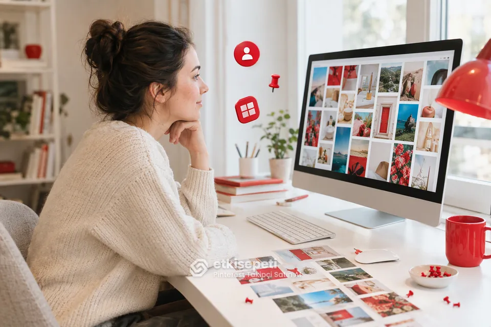Pinterest takipçi satın al öncesi profil ve pano takipçisi farkını dizüstü bilgisayarda inceleyen kadın