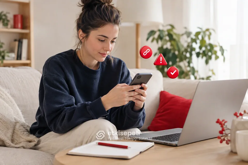 Pinterest takipçi satın al siparişinden önce profil bağlantısını telefonda kontrol eden genç kadın