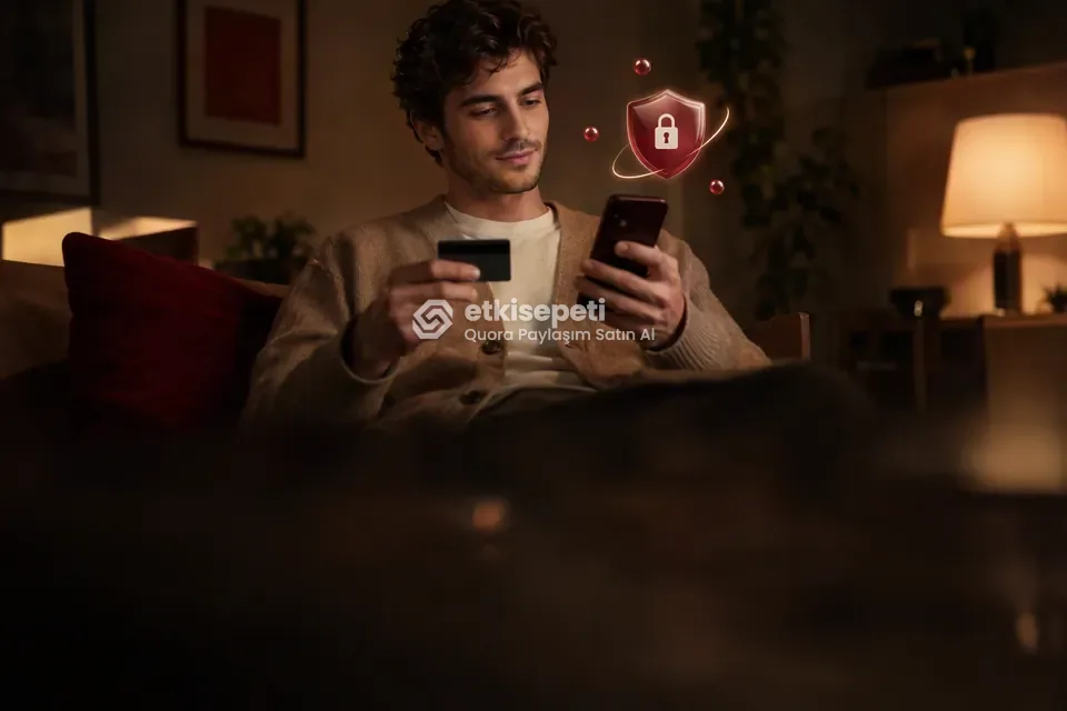 Kart ve telefonla güvenli ödeme yapan bir kullanıcı