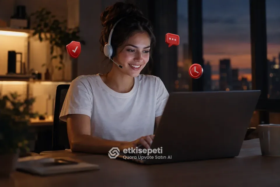 Destek uzmanı Quora Upvote siparişlerini panelden takip ediyor