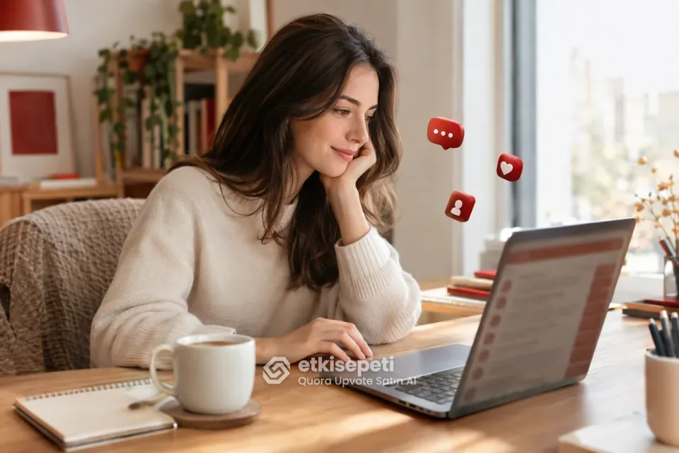 Quora upvote satın al öncesi dizüstü bilgisayarda Quora cevabını okuyan genç kadın