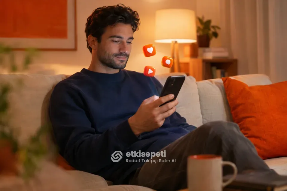 Reddit takipçi satın al öncesinde profil takipçisi ile karma puanını telefonunda karşılaştıran bir içerik üreticisi