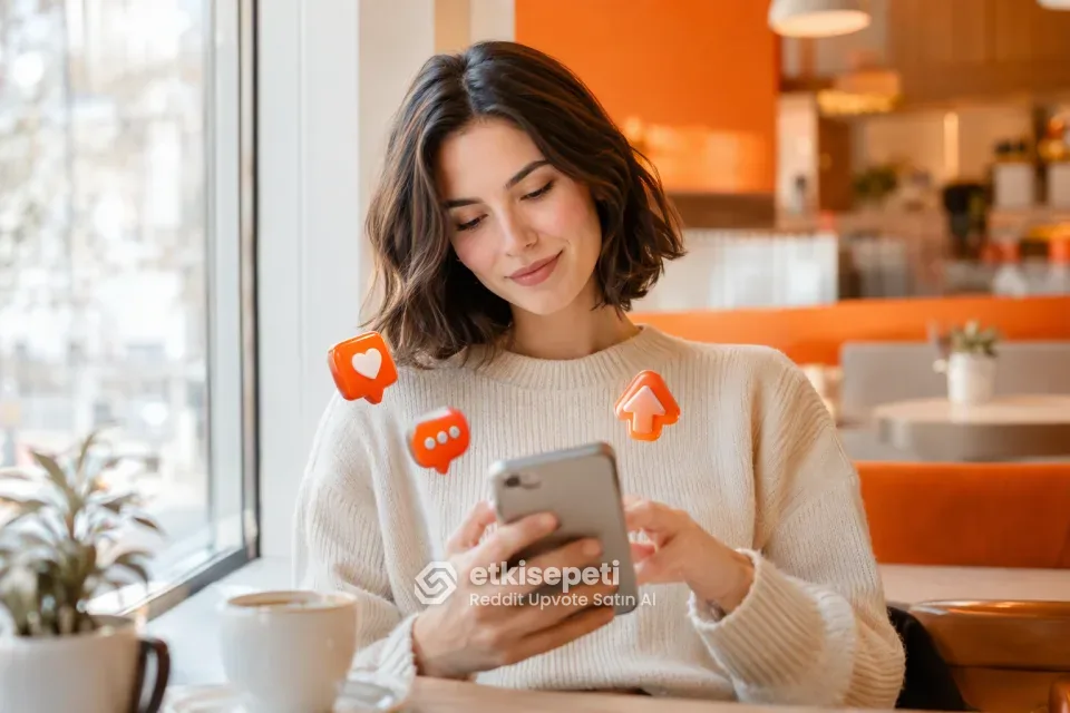 Reddit upvote satın al siparişi için telefonda gönderinin Paylaş menüsünden bağlantıyı kopyalayan bir kadın