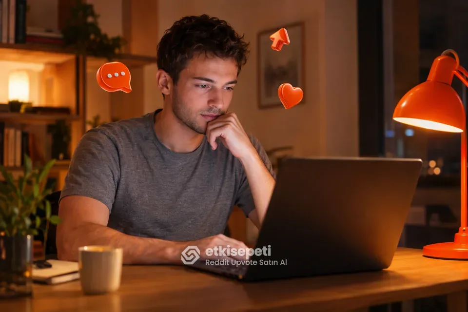 Reddit upvote satın al siparişi sonrası dizüstü bilgisayarda gönderisinin puanını ve upvoted oranını inceleyen genç bir kullanıcı