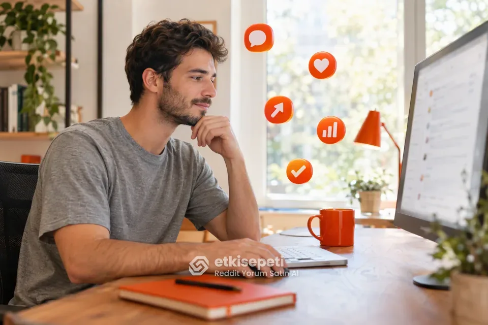Reddit yorum satın al hizmeti öncesi laptopta bir Reddit gönderisinin yorum dizisini inceleyen genç adam