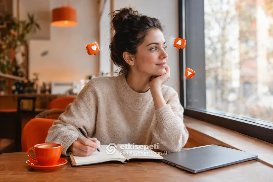 Reddit yorum satın al siparişi için not defterine yorum metinlerini satır satır yazan kadın