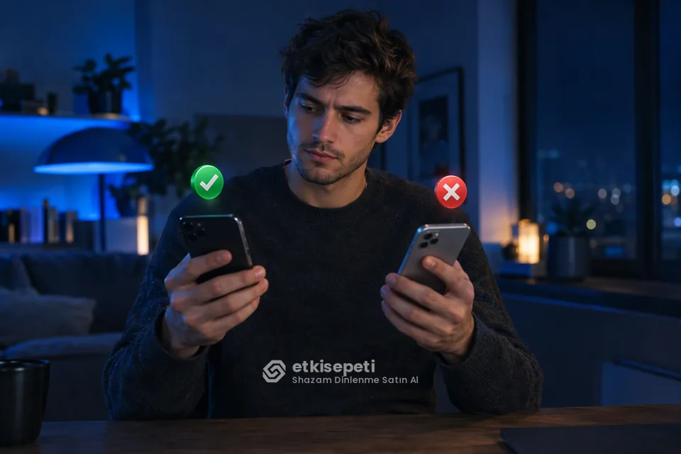 İki seçeneği karşılaştırarak Shazam Dinlenme için site seçen bir kullanıcı