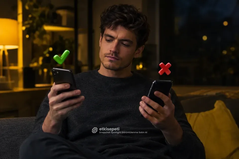 İki seçeneği karşılaştırarak Snapchat Spotlight Görüntülenme için site seçen bir kullanıcı