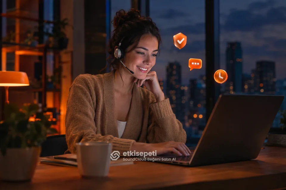 Destek uzmanı SoundCloud Beğeni siparişlerini panelden takip ediyor