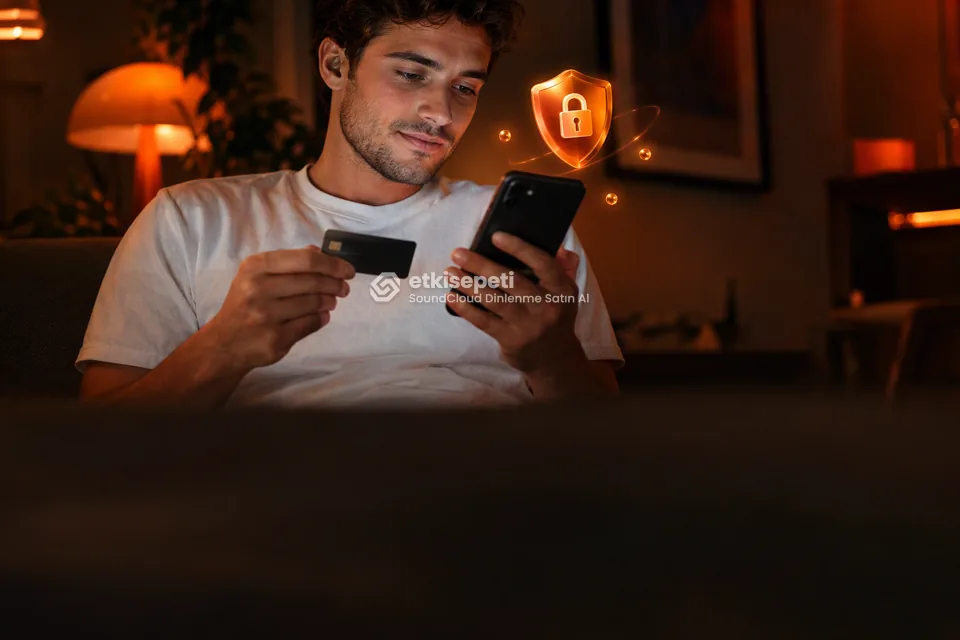 Kart ve telefonla güvenli ödeme yapan bir kullanıcı